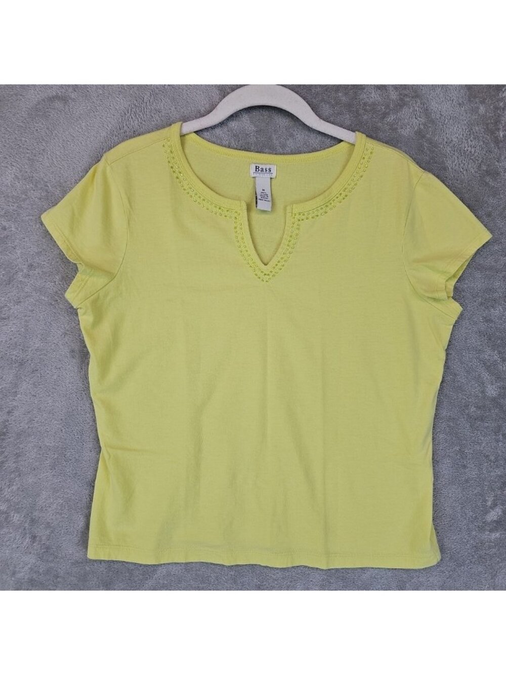 Bass T-Shirt Womens M Yellow V Neck Short Sleeve Beaded Cotton Embellished Y2K